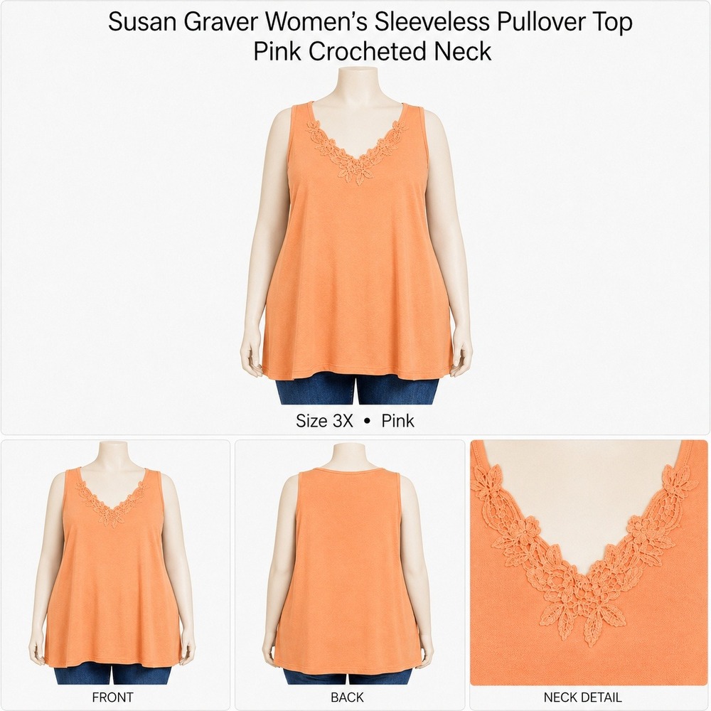 Susan Graver Womens 3X Orange Sleeveless Pullover Top Crocheted Lace V-Neck